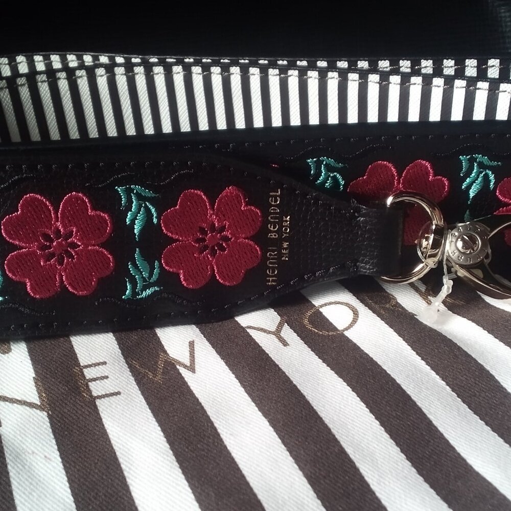 Henri Bendel leather Reversible Embroidery Guitar Bag Strap-Rose Print